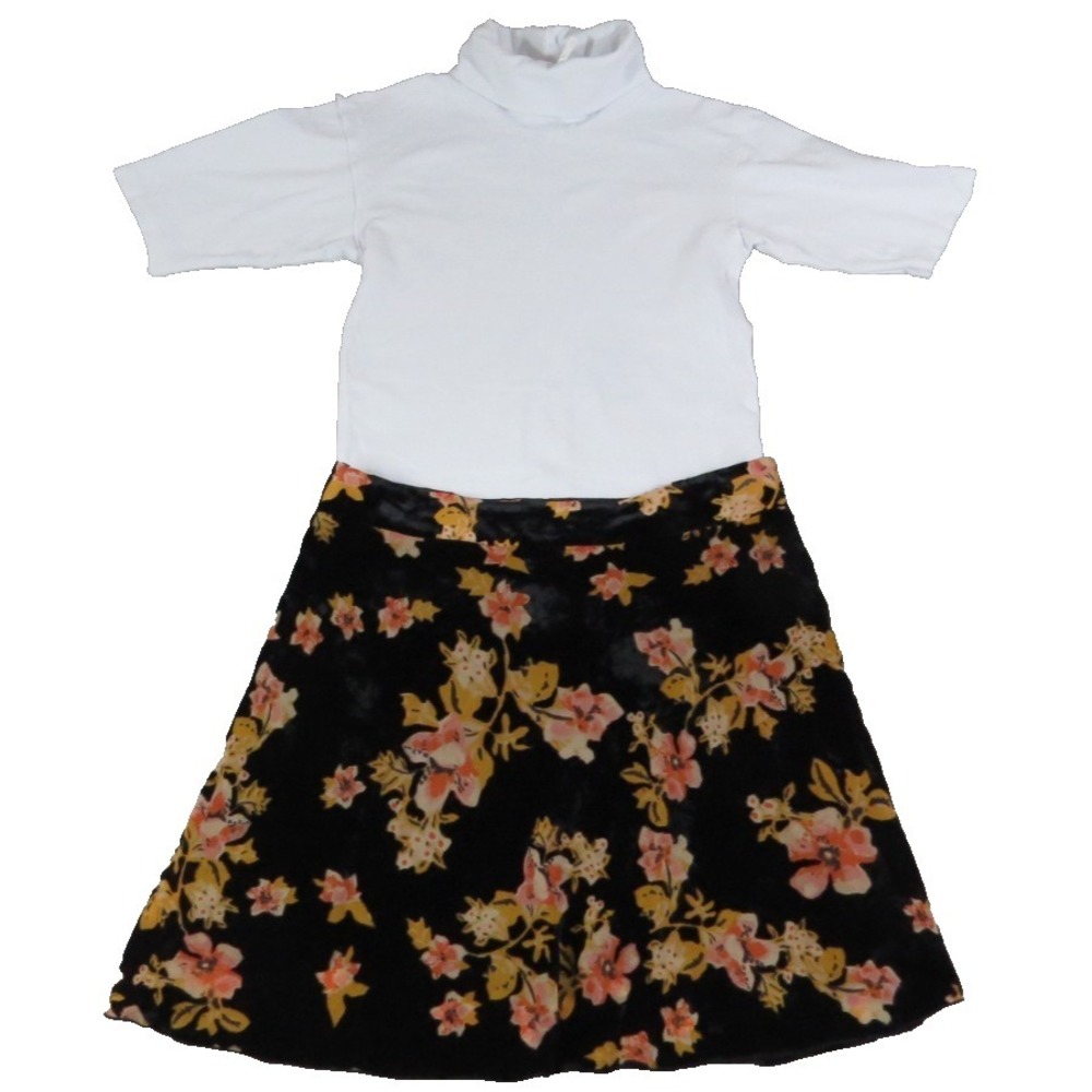 Free People 2PC Outfit M White Mock Neck Top 8 Floral Velvet Mini Skirt Boho Set